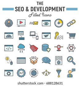SEO and development filled outline icon set, business symbols collection, marketing vector sketches, logo illustrations, business signs colorful pictograms package isolated on white background, eps 10