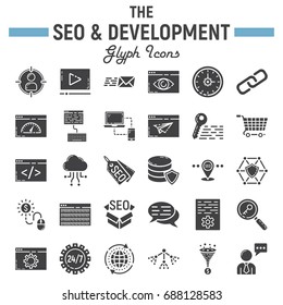 SEO and development glyph icon set, business symbols collection, marketing vector sketches, logo illustrations, business signs solid pictograms package isolated on white background, eps 10.