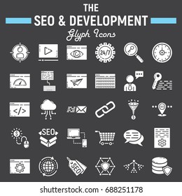 SEO and development glyph icon set, business symbols collection, marketing vector sketches, logo illustrations, business signs solid pictograms package isolated on black background, eps 10.