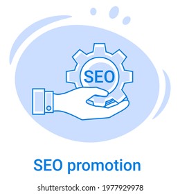 The Seo Development icon.The concept of increasing the popularity of the product, evaluation and development of promotion algorithms.Vector illustration of a thin line icon on a blue background.