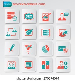 Seo development icon set on clean buttons