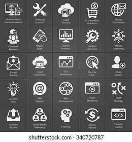 SEO and Development icon set on black