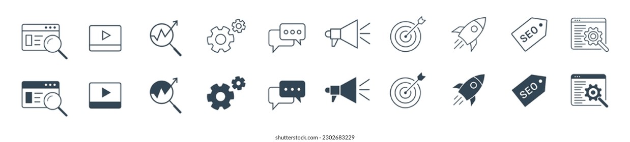 Juego de iconos SEO y Desarrollo. Optimización de motores de búsqueda, negocios, marketing, destino, clasificación, contacto, sitio web, línea de tráfico y vector de iconos sólidos