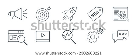SEO and Development icon set. Search engine Optimization, business, marketing, target, ranking, contact, website, traffic line icon vector