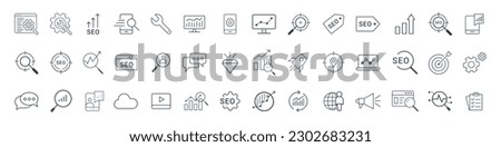 SEO and Development icon set. Search engine Optimization, business, marketing, target, ranking, contact, website, traffic line icon vector ストックフォト © 