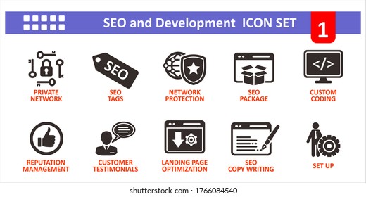 SEO and development icon set, vector symbol and ilustration