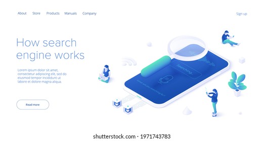 SEO development isometric vector illustration. Website or webpage development concept. Search engine optimization for business purposes.