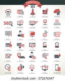 SEO Development and Marketing icon set, red version, clean vector.