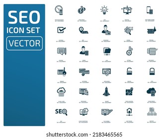 Juego de iconos de vector de desarrollo y marketing de SEO