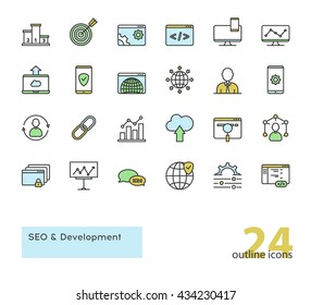 SEO and Development outline vector icons. Colorful