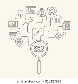 SEO and development pattern with linear icons. Line style seo and optimization background.