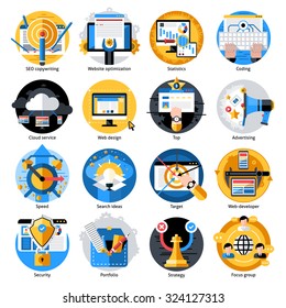 SEO development round icons set with web security and portfolio strategy isolated vector illustration