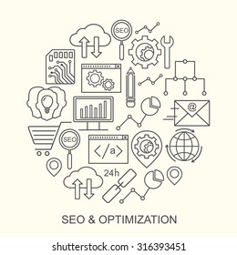 SEO and development round shape pattern with linear icons. Line style seo and optimization background with place for text.