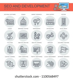 Seo and development. Set of vector, linear icons. Seth contains icons such as domain, hosting, social media and others.