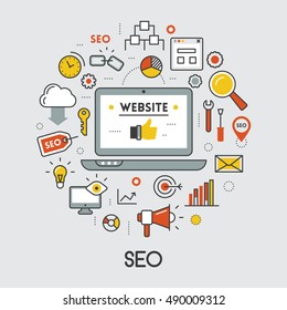 SEO and Development Thin Line Vector Icons with Laptop, Web Tools