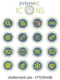 iconos de vectores de seo y desarrollo en fondo blanco con líneas dinámicas para animación para diseño de interfaz web y de usuario