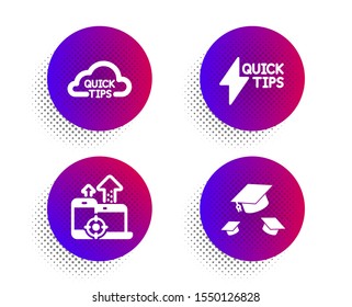 Seo devices, Quickstart guide and Quick tips icons simple set. Halftone dots button. Throw hats sign. Mobile stats, Lightning symbol, Helpful tricks. College graduation. Business set. Vector