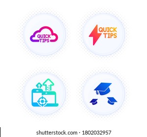 Seo devices, Quickstart guide and Quick tips icons simple set. Button with halftone dots. Throw hats sign. Mobile stats, Lightning symbol, Helpful tricks. College graduation. Business set. Vector