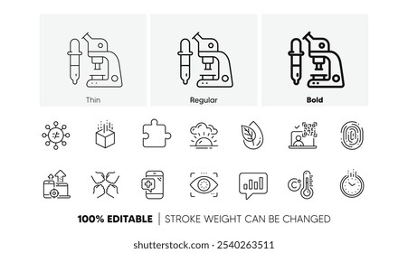 Dispositivos Seo, iconos de línea de termómetro de tiempo y Celsius. Paquete de discriminación, chat analítico, icono de huellas dactilares. Código Qr, Sunset, pictograma de detección ocular. Teléfono médico, escuadrón, rompecabezas. Iconos de línea. Vector