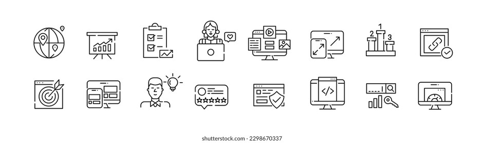 SEO digital marketing agency. Statistics analytics and strategies. Pixel perfect, editable stroke line icons set