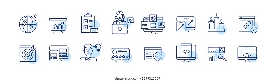 agencia de marketing digital SEO. Análisis estadístico y estrategias. Juego de iconos de línea de trazo de píxeles perfectos y editables