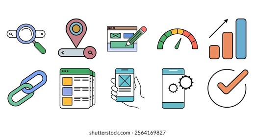 SEO Digital Marketing Icons Set: Keyword Research, Backlinking, On-Page SEO, Site Speed, Analytics, Local SEO, Mobile Optimization, SERP Ranking, UX Design