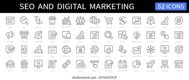 SEO and Digital marketing thin line icon set. Search engine optimization symbol. Editable stroke. Vector