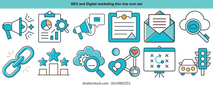 SEO and Digital Marketing Thin Line Icons Set