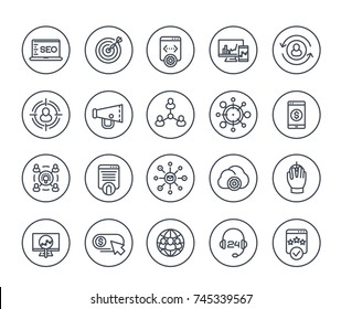 seo, digital marketing, website analysis, ranking, indexing line icons set on white