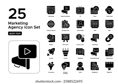 SEO and Digital Marketing. Website Optimization, PPC, and Growth Strategy. Vector Illustration. Glyph solid icon set