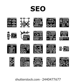 seo digital optimization strategy icons set vector. local service, analysis media, consulting web, ecommerce backlink seo digital optimization strategy glyph pictogram Illustrations