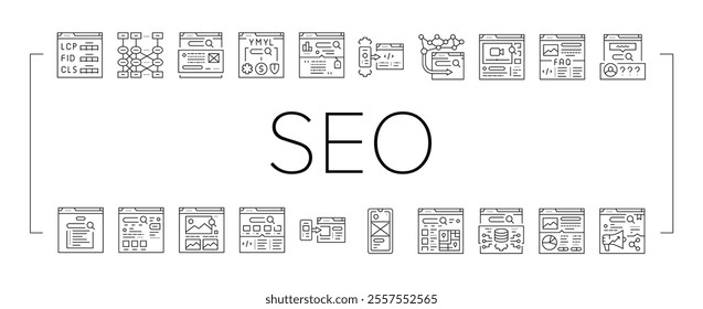 seo digital optimization strategy icons set vector. local service, analysis media, consulting web, ecommerce backlink seo digital optimization strategy black contour illustrations