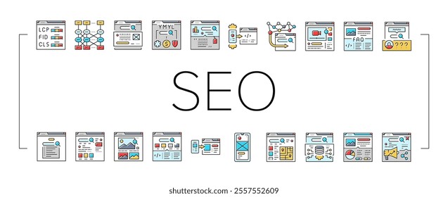 seo digital optimization strategy icons set vector. local service, analysis media, consulting web, ecommerce backlink seo digital optimization strategy color line illustrations