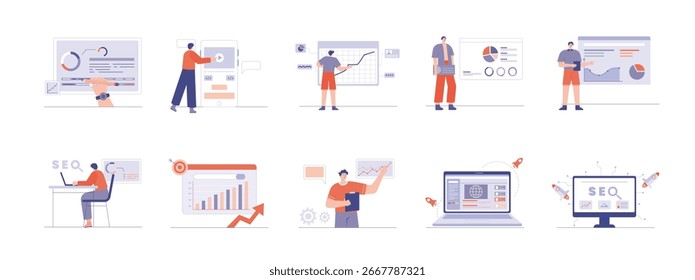 SEO digitales Strategiekonzept, Datenforschung. Zeichendesign. Flache Vektorgrafik