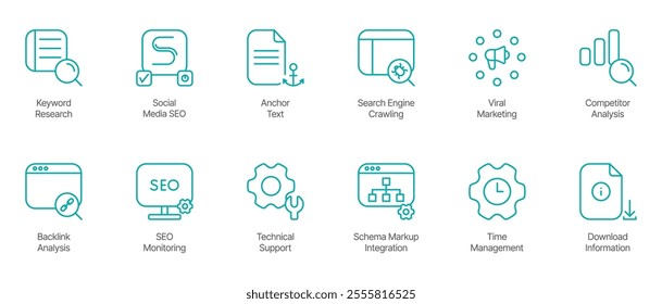 SEO and Digital Strategy Icon Set – Keyword Research, Social Media SEO, Anchor Text, Search Engine Crawling, Viral Marketing, Competitor Analysis, Backlink Analysis, SEO Monitoring, Technical Support 