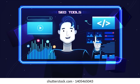 Seo digital tools. A man manages files on a futuristic neon screen. Vector flat illustration with texture