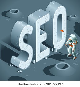 SEO Discovery like the First Moon Landing. 3D Flat Isometric Vector Concept. Icon. JPG. JPEG. Object. Picture. Image. Graphic. Art. Vector. EPS 10. AI. Drawing - stock vector