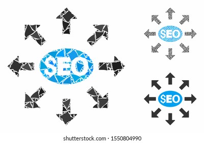 Seo distribution composition of inequal pieces in different sizes and color tinges, based on seo distribution icon. Vector tuberous dots are organized into collage.