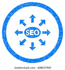 Seo Distribution grainy textured icon inside circle for overlay watermark stamps. Flat symbol with dirty texture. Circled vector blue rubber seal stamp with grunge design.