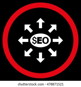 Seo Distribution vector bicolor rounded icon. Image style is a flat icon symbol inside a circle, red and white colors, black background.