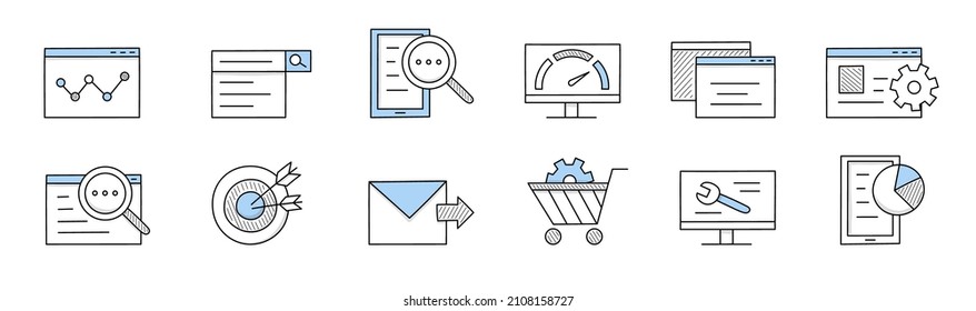 SEO doodle icons diagram on screen, magnifier with document, scale, cogwheel and target with arrows, envelope, trolley with gear, wrench on desktop and pie chart, Isolated line art vector signs set