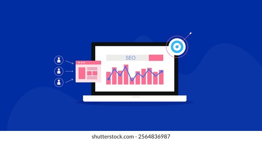 SEO driving organic traffic to website, SEO traffic analysis, Website optimization for search ranking - vector illustration background with icons