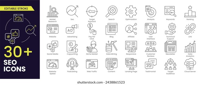 Conjunto de iconos de trazo editable SEO. Colección de iconos de optimización del motor de búsqueda. Conteniendo negocios y marketing, tráfico, ranking, optimización, enlace y palabra clave. Colección vectorial de iconos de esquema editables.