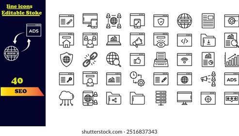 SEO, editable stroke, icon set, search engine optimization, business, marketing, traffic, ranking, optimization, link, keyword, SEO icons, digital marketing, web traffic, search ranking .