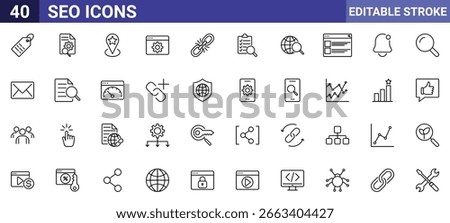 SEO Editable Stroke Vector Icon Set – Tag, Link, Magnifying Glass, Globe, Chart, Gear, Sitemap, Shield, Key, Analytics, Growth, Like, Email, Speed, Share, Mobile, Security, Tools