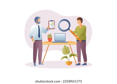 SEO elements concept with people scene in the flat cartoon design. Two programmers review all elements and functionality of the SEO system. Vector illustration.