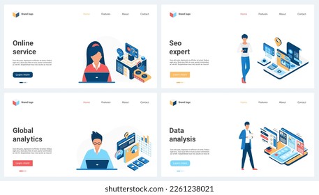 SEO expert service, online data analysis, analytics advices set vector illustration. Cartoon tiny people work with resources and processes on digital project, analyze virtual machine reports