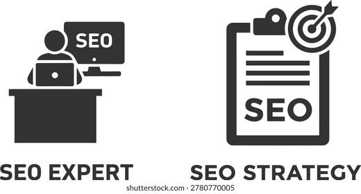 Seo expert using laptop and seo strategy on blackboard with charts and graphs