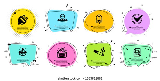 Seo file, Electric plug and Spanner line icons set. Chat bubbles with quotes. Smoking, Swipe up and Skin cream signs. Confirmed, Uv protection symbols. Search document, Energy. Business set. Vector