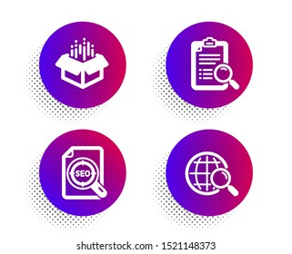 Seo file, Search analysis and Open box icons simple set. Halftone dots button. Web search sign. Find survey, Delivery package, Find internet. Technology set. Classic flat seo file icon. Vector